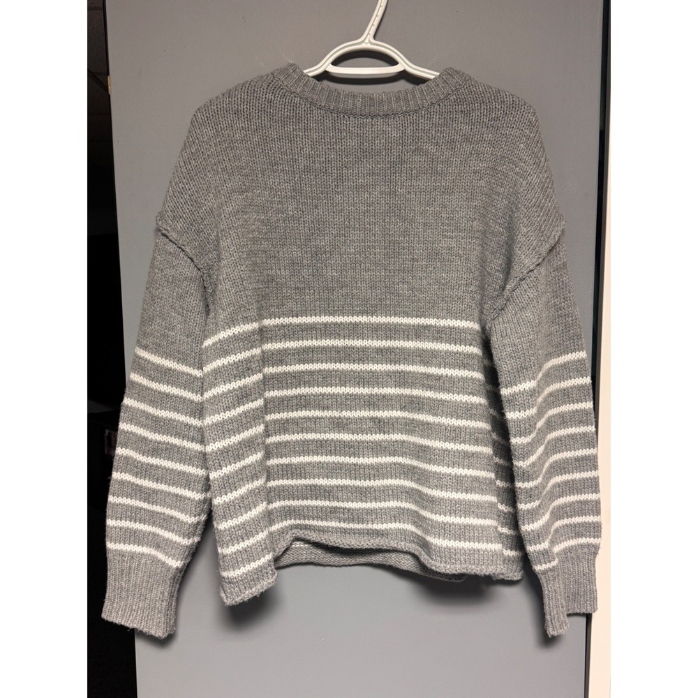 KIRUNDO Womens Gray White Striped‎ Chunky Knit Sweater Size S 7568 Crew Neck